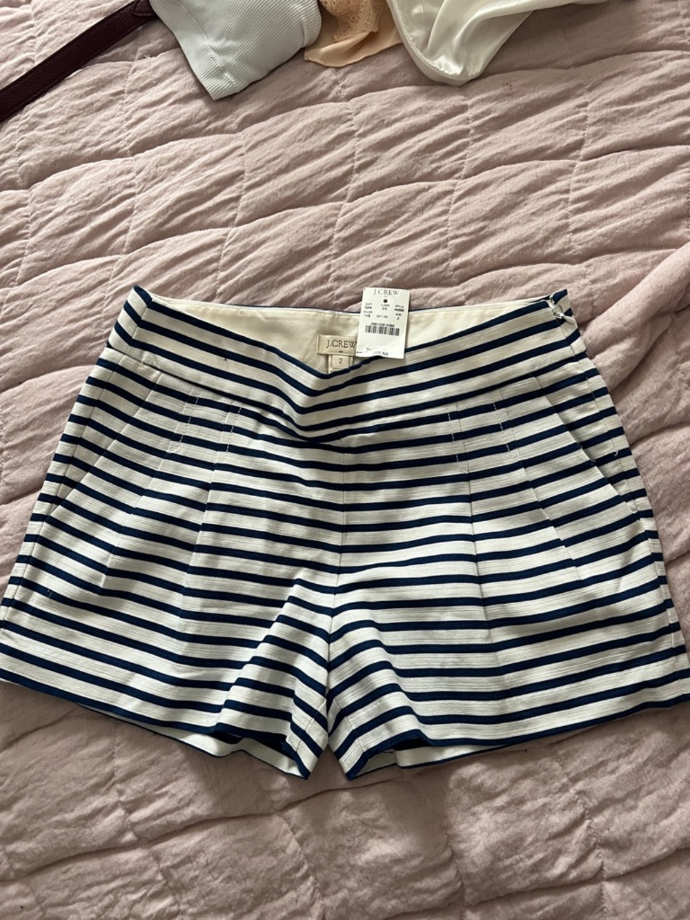 J. Crew Navy and White Striped High-Rise Bermuda Shorts